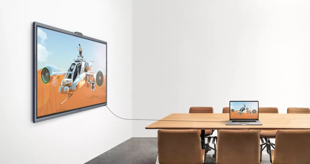 Ecran tactile tout en un avec double caméra intégrée, système de sonorisation haute performance, IOS maxhub intégré, système de tableau blanc et partage de connexion sans fil.